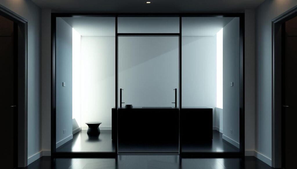 A sleek, modern interior showcasing a stunning Schwarzglas ganzglastür. The frameless, floor-to-ceiling glass panel reflects the room's natural light, creating a seamless, minimalist aesthetic. Crisp shadows and highlights accentuate the glass's smooth, glossy surface, drawing the eye towards the bold, black-tinted pane. The doorway is framed by clean, simple architectural details, allowing the glass to take center stage as a striking design statement. Subtle, ambient lighting casts a warm, inviting glow, complementing the monochromatic color scheme. The overall scene conveys a sense of elegant sophistication, where the Schwarzglas ganzglastür stands as the centerpiece of a refined, contemporary interior.