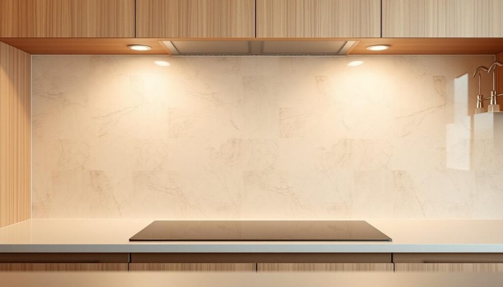 A sleek, modern kitchen backsplash in a warm, natural hue. The surface has a smooth, durable finish that effortlessly repels spills and stains. Soft, even lighting from above casts a gentle glow, highlighting the backsplash's premium, high-quality construction. The backsplash seamlessly blends into the surrounding kitchen cabinetry, creating a cohesive, sophisticated look. Viewed from a slightly elevated angle, the backsplash appears unblemished, showcasing its resilience and easy maintenance. An elegant, timeless design that will withstand the rigors of daily use in the kitchen.