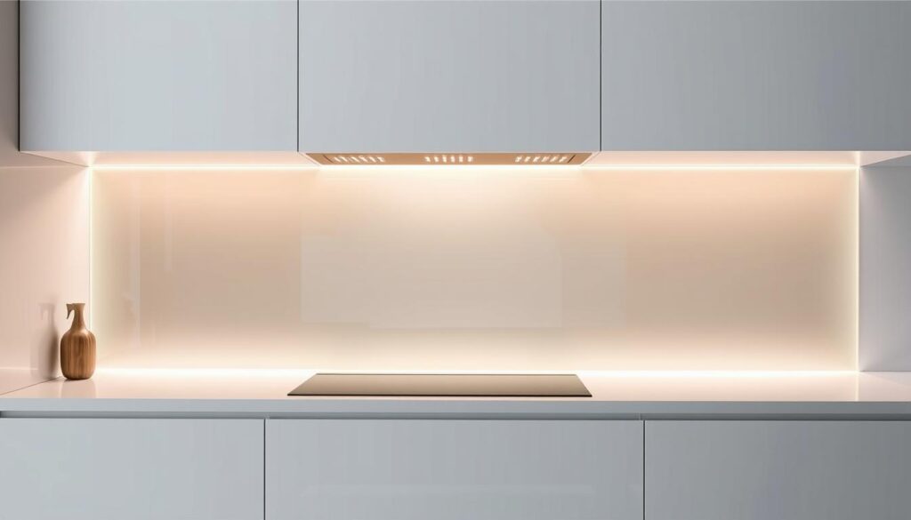 A sleek, modern kitchen backsplash made of tempered glass, with a matte finish that elegantly diffuses the light. The surface is smooth and seamless, providing a hygienic and easy-to-clean surface that protects the wall from splashes and spills. The glass panel is positioned between the countertop and upper cabinets, creating a focal point that complements the overall kitchen design. Subtle LED lighting along the edges casts a warm, ambient glow, enhancing the contemporary aesthetic. The backsplash is installed with a minimalist, frameless look, blending harmoniously with the kitchen's clean lines and neutral color scheme. An ideal solution for a practical and visually striking kitchen feature.