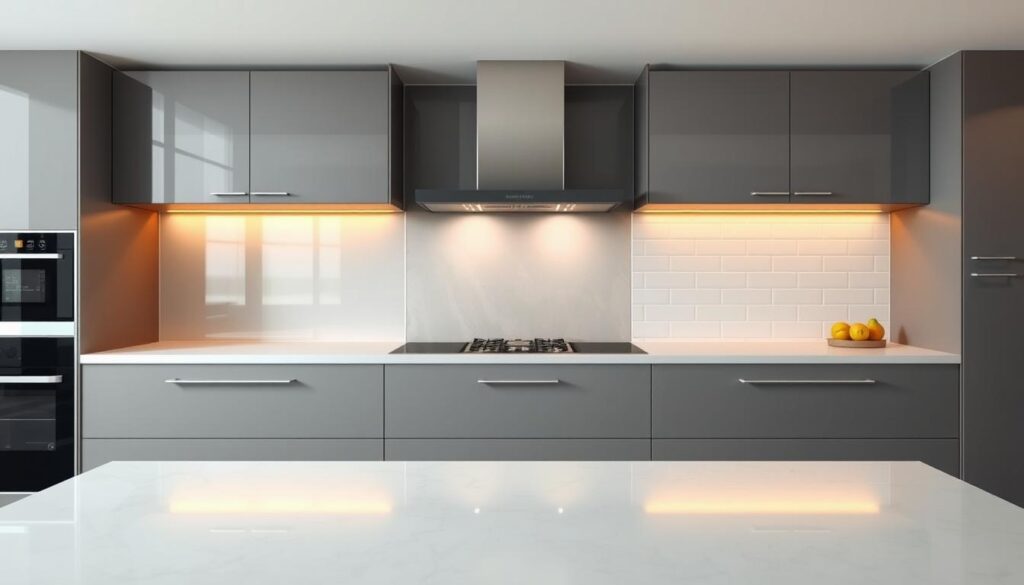 A sleek, modern kitchen interior with a focal point on the backsplash options. In the foreground, a side-by-side comparison showcases three distinct materials - glass, plastic, and ceramic tiles. The glass panel reflects the kitchen's warm lighting, creating a glossy, translucent surface. The plastic backsplash features a subtle, matte texture, while the ceramic tiles display a clean, uniform pattern. The middle ground presents these three materials in an organized, visually appealing layout, allowing the viewer to assess their unique properties and suitability for a kitchen setting. The background maintains a minimalist, neutral palette to accentuate the materials and their visual contrast. An overall modern, high-quality aesthetic conveys the article's focus on individual choice and the merits of each backsplash option.