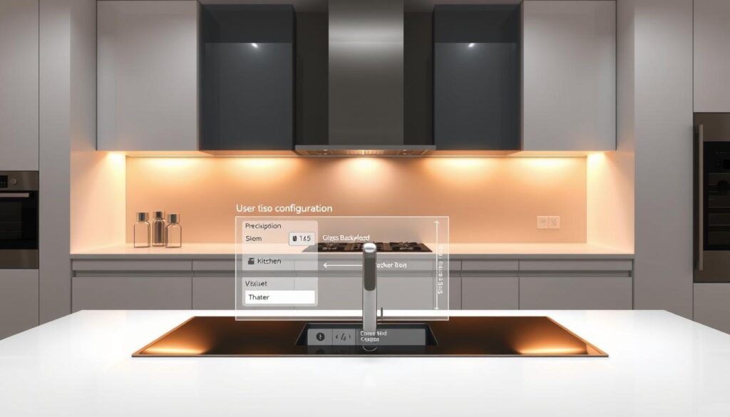 A sleek, modern kitchen with a glass backsplash takes center stage, showcasing a user-friendly configuration interface. The interface displays a virtual kitchen setup, allowing the user to input precise measurements and visualize their custom-designed glass backsplash. Warm, directional lighting illuminates the scene, casting subtle shadows and highlighting the clean, minimalist design. The overall mood is one of efficiency and customization, inviting the viewer to imagine their own dream kitchen space.