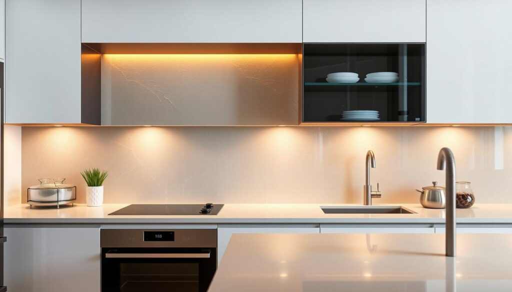 A sleek, modern kitchen with a striking glass backsplash that seamlessly blends form and function. The tempered glass surface reflects the warm, ambient lighting, creating a sophisticated and clean ambiance. Subtle textures and patterns within the glass add visual interest, while the smooth, reflective surface enhances the overall aesthetic and ensures easy cleaning. The glass backsplash extends from the countertop to the upper cabinets, creating a cohesive and visually expansive design that emphasizes the room's spaciousness. Streamlined appliances and minimalist cabinetry complement the glass backsplash, resulting in a harmonious and high-end kitchen environment that prioritizes both style and practicality.