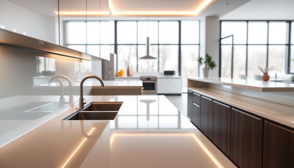 A sleek, modern kitchen with a stunning glass backsplash in the foreground. The backsplash features a seamless, high-gloss surface that reflects the warm lighting and the clean, minimalist cabinetry surrounding it. The glass has a slight tint, creating a subtle, sophisticated color palette that complements the overall design. In the middle ground, a spacious, well-equipped kitchen with stainless steel appliances and a central island. The backsplash extends the full length of the wall, creating a cohesive, uninterrupted visual flow. The background showcases a bright, airy space with large windows, allowing natural light to flood the room and enhance the modern, elegant aesthetic.