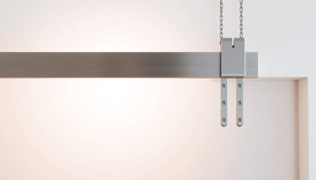 A sleek, modern laufschiene (sliding track) suspended against a minimalist, softly lit backdrop. The track is made of brushed aluminum, its smooth, seamless surface reflecting the gentle illumination. Delicate linear shadows cast by the track add depth and dimension. In the foreground, high-quality stainless steel hardware, including ball-bearing rollers and soft-close mechanisms, are visible in crisp detail. The overall composition conveys a sense of precision engineering and understated elegance, perfectly suited to complement the luxurious sliding door system described in the article.