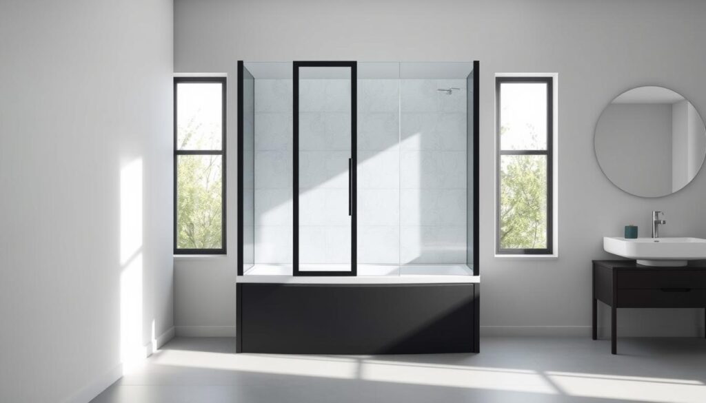 A sleek, modern nische set against a bright, minimalist backdrop. The nische features clean lines, a matte black finish, and a seamless glass door that reflects the natural light streaming in from nearby windows. The overall design exudes a sense of luxurious simplicity, perfectly suited for a high-end bathroom. Soft shadows add depth and dimension, while a slightly low camera angle emphasizes the nische's precise craftsmanship and premium quality. The scene conveys a serene, spa-like atmosphere, showcasing the expert craftsmanship and personalized service that Glastürhop24 provides.
