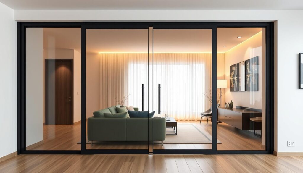A sleek, modern pendeltür (double-action door) made of tempered glass, its clean lines and seamless design seamlessly integrating into a contemporary, minimalist interior. Backlit by warm, diffused lighting, the door appears to float effortlessly between the living and adjacent spaces, creating a sense of openness and flow. The transparent material allows unobstructed views, while the sturdy pivoting mechanism ensures smooth, silent operation. This pendeltür exemplifies the innovative, high-quality craftsmanship that elevates both residential and commercial environments, blending form and function to perfection.