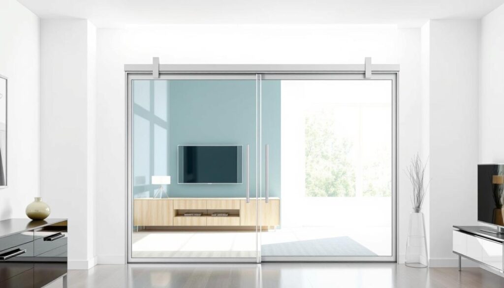A sleek, modern pendeltür (swing door) made of tempered glass, suspended from a discreet aluminum frame. The door panels glide effortlessly on concealed hinges, creating a seamless, minimalist aesthetic. Bright, natural light filters through the transparent surface, illuminating the high-quality craftsmanship. The door is positioned in a bright, airy interior with clean, contemporary furnishings, highlighting its functional beauty. The scene conveys a sense of precision, attention to detail, and a commitment to innovative design and superior materials - embodying the values of "Maßarbeit, Qualität und schnelle Beratung" from glastuerhop24.de.