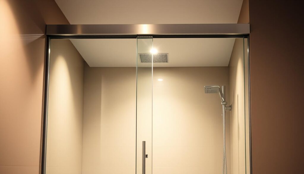 A sleek, modern schiebetür (sliding door) made of tempered glass gently glides open, revealing a spacious, well-lit shower enclosure. The door's seamless, frameless design and polished chrome hardware create a minimalist, high-end aesthetic. Warm, indirect lighting casts a soft glow, illuminating the door's translucent panels and highlighting the crisp, clean lines. The schiebetür is mounted on a sturdy, discreet track system that allows for effortless, whisper-quiet operation. The overall composition evokes a sense of luxury, functionality, and impeccable attention to detail - a perfect complement to the modern bathroom setting.