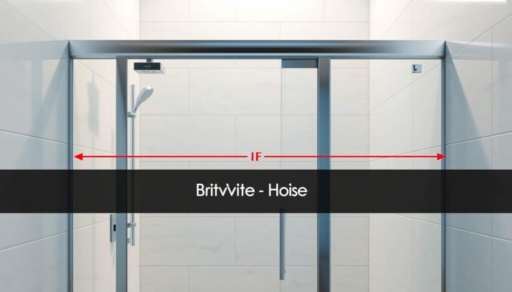 A sleek, modern shower door design showcasing the key measurements of "breite höhe anschlag" (width, height, and door swing). The scene features a frameless glass shower enclosure with a minimalist aesthetic, set against a backdrop of clean, neutral tiles. Carefully positioned lighting casts a warm, ambient glow, accentuating the high-quality materials and meticulous craftsmanship. The camera angle captures the door's exact dimensions, highlighting the precision required for a perfect fit. The overall composition conveys a sense of sophistication, functionality, and attention to detail - essential considerations for designing an individualized, premium shower solution.