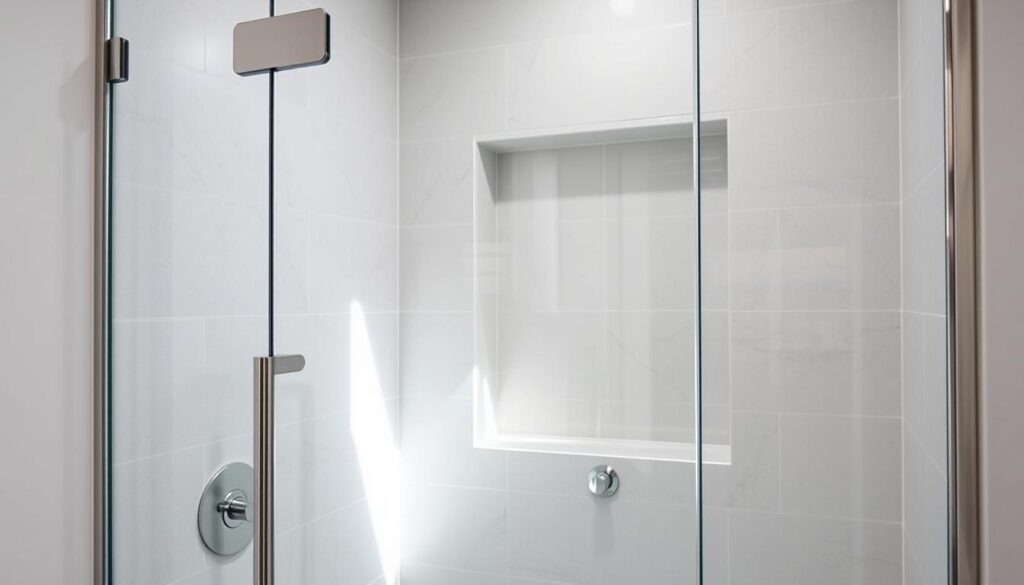 A sleek, modern shower door made of high-quality safety glass, seamlessly integrated into a minimalist, tiled niche. The glass panels are meticulously engineered to provide a crystal-clear, unobstructed view, allowing natural light to flood the space. Subtle stainless steel hardware and fittings complement the clean, contemporary design, creating a visually harmonious and luxurious showering experience. Precise measurements and a custom fit ensure a perfect, gap-free installation, enhancing the overall aesthetic and functionality of this bespoke shower enclosure solution.