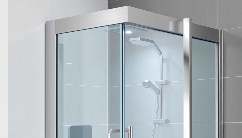 A sleek, modern shower enclosure made of high-quality tempered glass, framed by a sturdy aluminum profile in a brushed chrome finish. The glass panels are seamlessly joined, creating a seamless, minimalist aesthetic. The door slides effortlessly on precision-engineered tracks, allowing for easy access. Subtle LED lighting illuminates the interior, casting a warm, inviting glow. The enclosure is complemented by premium chrome hardware, including a rainfall showerhead and handheld spray. The overall design is both visually striking and highly functional, perfectly suited for a luxurious bathroom setting.