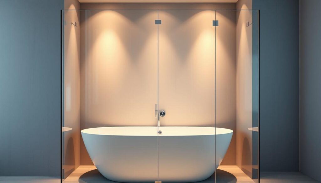 A sleek, modern shower enclosure stands tall against the backdrop of a luxurious freestanding bathtub. The glass panels seamlessly integrate with the tub, creating a cohesive, high-end look. Soft, warm lighting illuminates the space, casting a cozy glow and highlighting the premium quality of the materials. The enclosure's frameless design emphasizes clean lines and minimalist elegance, perfectly suited for the contemporary bathroom. Subtle reflections on the glass surface add depth and visual interest, while the overall composition exudes a sense of refined sophistication. This is the epitome of a visually stunning and functional "duschwand badewanne" solution.