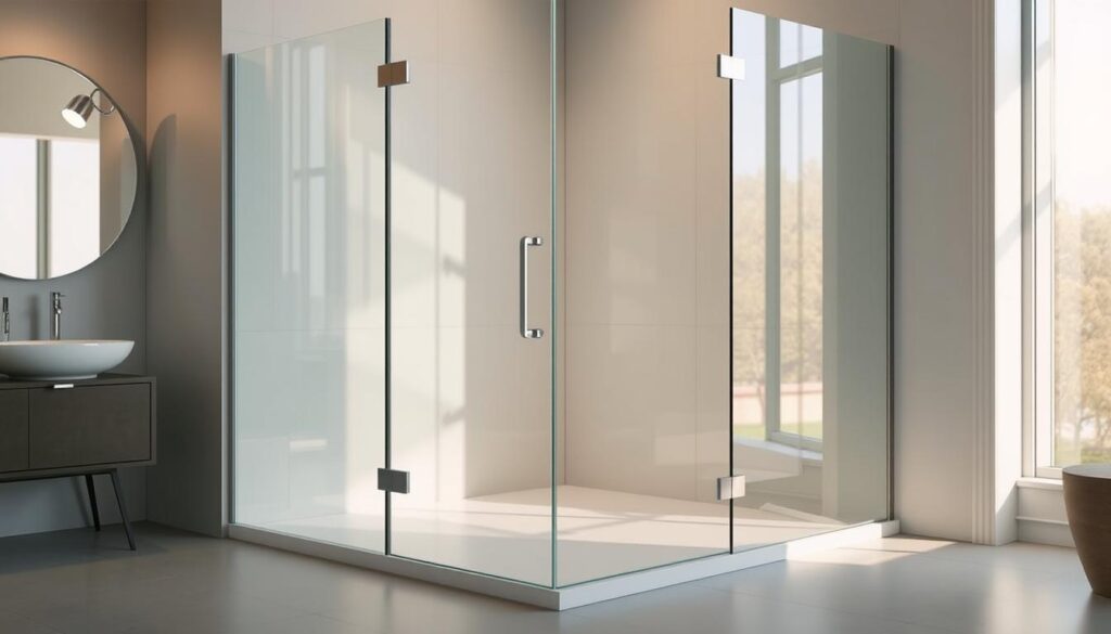 A sleek, modern shower enclosure with a 100cm x 100cm footprint, showcased in a bright, airy bathroom setting. Crisp, clean lines of tempered glass panels seamlessly integrate with a minimalist metal frame, creating a sense of spaciousness. Warm, natural lighting floods the scene, illuminating the high-quality materials and precise engineering. The shower floor is a smooth, slip-resistant surface, while the overall design prioritizes functionality and ease of access. Subtle reflections on the glass surfaces add depth and visual interest, capturing the luxurious, spa-like atmosphere of this custom-made shower solution.