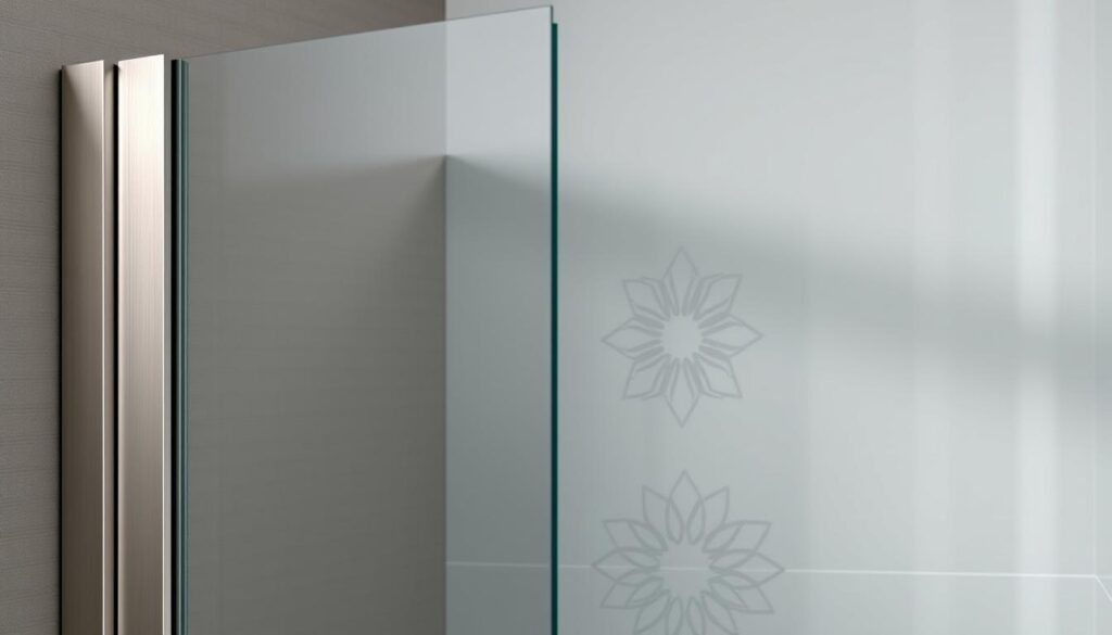 A sleek, modern shower enclosure with a focus on the elegant profile colors. The frame features a smooth, metallic finish in a range of muted tones - from soft silver to warm bronze, complementing the tempered glass panels. The lighting is subtle, casting a gentle glow that highlights the unique textures and patterns of the various decorative options, from minimalist lines to intricate geometric designs. The overall composition conveys a sense of refined simplicity, showcasing the thoughtful design details that elevate the practical shower enclosure into a stunning, customizable centerpiece.