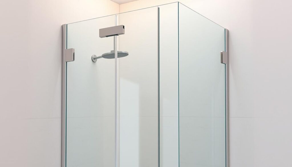 A sleek, modern shower enclosure with a minimalist 80x80 cm design. The frameless glass panels reflect natural light, creating an airy, spa-like atmosphere. Precision-engineered hinges and fittings ensure a seamless, high-quality construction. The enclosure is positioned against a backdrop of lightly textured, neutral-toned walls, allowing the glass to take center stage. Subtle lighting from above casts a warm, inviting glow, highlighting the clean lines and elegant simplicity of the design. The overall effect is one of understated sophistication, perfectly suited for a contemporary bathroom setting.