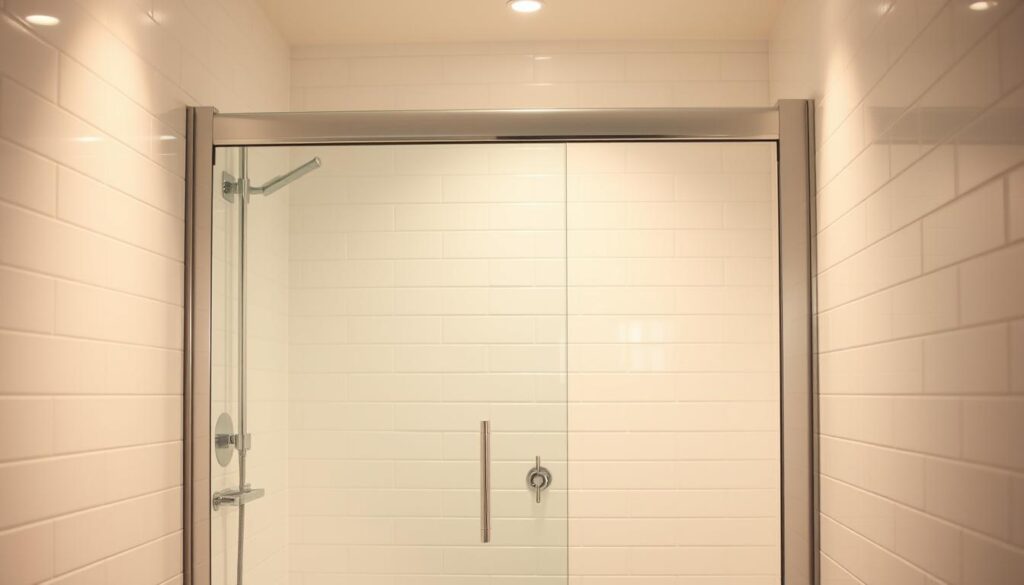 A sleek, modern shower enclosure with a sliding glass door takes center stage in a well-lit, minimalist bathroom. The frameless tempered glass panel glistens, reflecting the warm, diffused lighting from strategically placed fixtures. The door effortlessly glides along a discreet metal track, seamlessly blending into the clean, white tiled walls. The enclosure's dimensions are precisely tailored to the space, maximizing functionality without compromising the room's airy, open feel. Subtle chrome accents on the door handle and hinges add a touch of contemporary elegance. The entire scene radiates a sense of simplicity, high-quality craftsmanship, and a keen eye for detail - qualities that embody the essence of the "glastuerhop24.de" brand.
