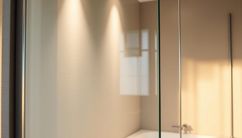 A sleek, modern shower wall made of tempered glass, reflecting the warm, diffused lighting of the bathroom. The surface is smooth and pristine, with a subtle pattern that adds visual interest. The shower enclosure is seamlessly integrated into the bathtub, creating a cohesive, high-end aesthetic. The overall composition emphasizes the durability and easy maintenance of the glass panel, making it an ideal choice for a luxurious, low-effort bathroom experience.