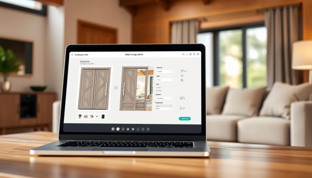 A sleek, modern sliding door configuration interface displayed on a laptop screen. The interface has a clean, minimalist design with intuitive controls and a variety of options for customizing the door's size, material, color, and hardware. In the background, a warm, softly lit room with natural wood accents and plush furnishings sets the scene, conveying a sense of high-end, personalized home design. The image is captured from a slightly elevated angle, giving a clear view of the laptop screen and the harmonious integration of the digital configurator with the physical environment.