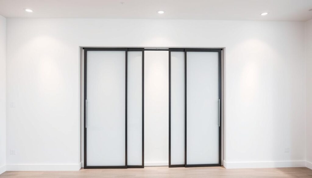 A sleek, modern sliding door system installed flush within a pristine white wall. The door panels, made of tempered glass or high-quality wood, glide effortlessly along a concealed track, creating a seamless, minimalist aesthetic. Soft, diffused lighting emanates from recessed fixtures, accentuating the clean lines and elegant simplicity of the design. The scene conveys a sense of sophistication and thoughtful attention to detail, perfectly suited for a high-end residential or commercial setting.