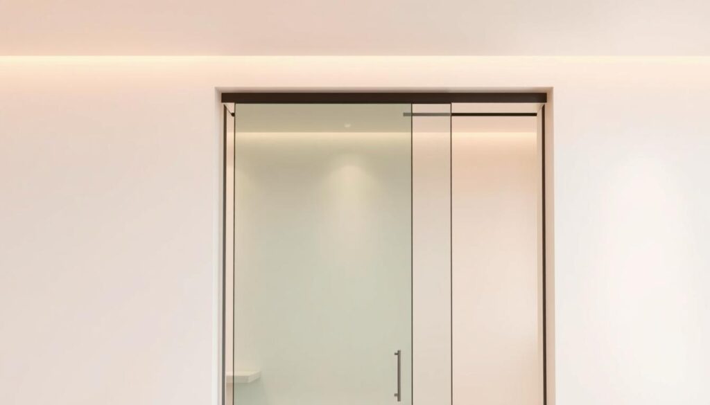 A sleek, modern sliding door system recessed into a minimalist white wall, its smooth glass panels gliding effortlessly on a discreet track. Warm ambient lighting casts a soft glow, highlighting the seamless integration of the door into the architectural space. The door's frameless design creates an illusion of weightlessness, blending harmoniously with the clean lines of the surrounding environment. Capture the elegant functionality and refined aesthetic of this sliding door solution, showcasing its ability to transform a room with its simple, unobtrusive presence.