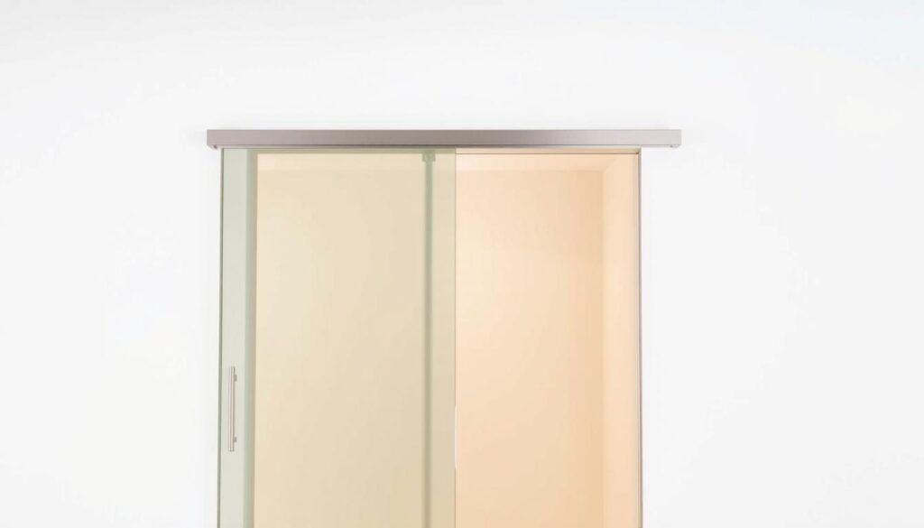 A sleek, modern sliding door system set against a minimalist, light-filled wall. The door features a seamless, frameless glass panel that glides effortlessly along a discreet metal track, allowing for a smooth, uninterrupted flow of space. The glass appears to be slightly tinted, casting a warm, inviting glow throughout the scene. The wall behind the door is a crisp, clean white, creating a bright, airy atmosphere. Subtle shadows and highlights accentuate the door's precise engineering and the wall's subtle texture. The overall composition conveys a sense of elegance, functionality, and attention to detail, perfectly capturing the essence of "Größen, Maße und Sondermaß-Lösungen".