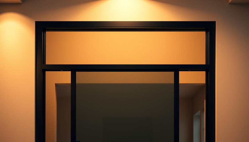 A sleek, modern sliding door wall in a minimalist black metal frame, showcasing a tempered glass panel that gently refracts the warm, directional lighting from above. The open rail system is prominently displayed, with a deep, matte black finish that seamlessly blends into the surrounding architectural elements. The glass panel appears to be tinted or frosted, creating a sense of privacy while still allowing ample natural light to filter through. The overall scene exudes a sophisticated, high-end aesthetic that would complement a variety of interior design styles, from contemporary to industrial.