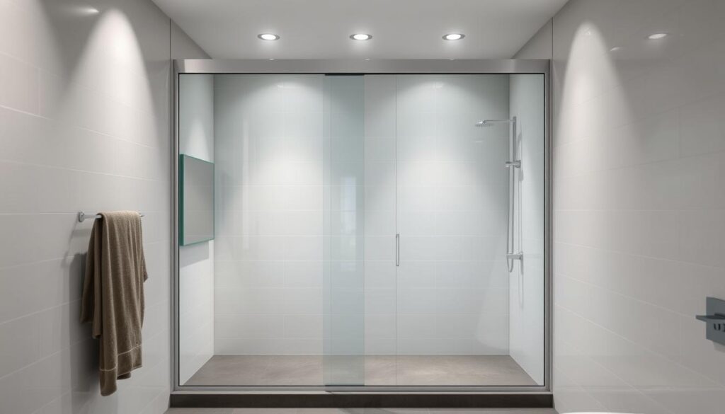 A sleek, modern sliding glass door in a well-lit, contemporary bathroom setting. The schiebetür, or sliding door, is made of tempered glass panels that glide effortlessly along a minimalist metal track system. The door's frameless design seamlessly blends with the clean, tiled walls, creating an open, airy atmosphere. Soft, diffused lighting from overhead fixtures casts a warm glow, highlighting the door's smooth, reflective surface. The schiebetür is the central focus, showcasing its elegant functionality and serving as a visually striking architectural element within the stylish, high-end bathroom interior.