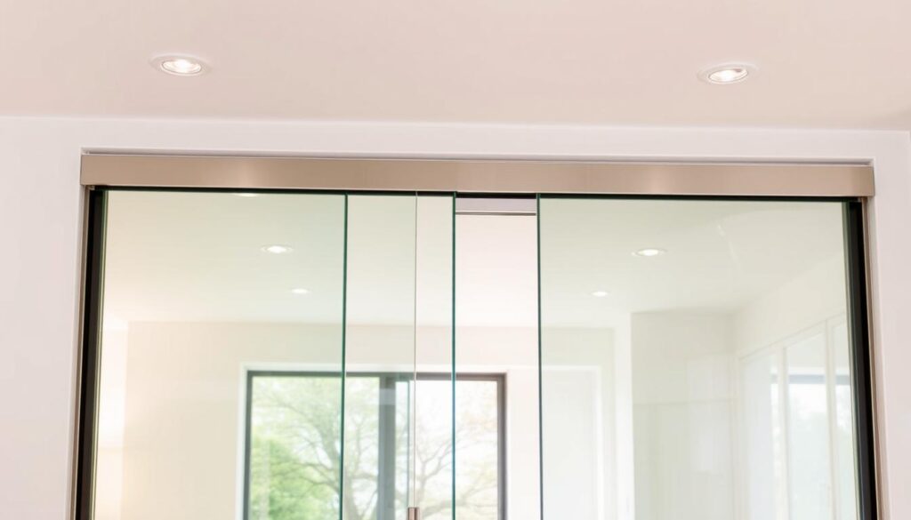 A sleek, modern sliding glass door set against a bright, airy interior. The tempered glass panels glide effortlessly along a minimalist metal frame, allowing natural light to flood the space. Subtle brushed aluminum hardware complements the clean, contemporary design. The door is expertly installed, flush with the surrounding walls, creating a seamless, integrated look. Soft, diffused lighting from overhead fixtures casts a warm, welcoming glow, highlighting the crystal-clear glass and reflecting off the polished surfaces. The overall scene exudes a sense of quality, sophistication and attention to detail - a perfect representation of Glastuerhop24's comprehensive service and high-end products.