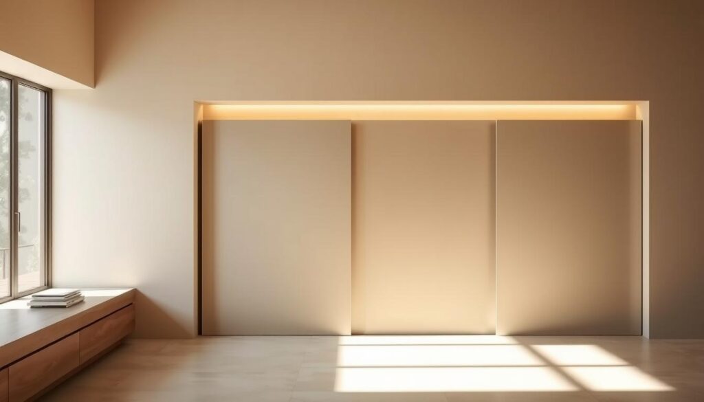 A sleek, modern sliding wall panel in a warm, neutral color scheme. The schiebetür (sliding door) is made of high-quality materials, seamlessly integrated into the wall. Gentle natural lighting illuminates the smooth, minimalist design, creating a sense of understated elegance. The sliding mechanism operates effortlessly, allowing for easy access and separation of spaces. The overall aesthetic is refined, sophisticated, and in harmony with the surrounding architectural elements. The image captures the quality and versatility of this sliding door solution, perfectly suited for the "schiebetür" section of the article.