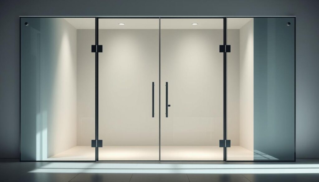 A sleek, modern "technik pendeltür" made of tempered glass, showcasing cutting-edge engineering and precise craftsmanship. The door's seamless silhouette is highlighted by subtle ambient lighting, casting soft shadows that accentuate its clean lines and elegant minimalist design. The glass panels are thick and sturdy, conveying a sense of durability and safety. The hardware, such as the hinges and handles, are made of high-quality materials that complement the overall aesthetic. The door is presented in a well-lit, spacious setting, allowing the viewer to appreciate the technical details and superior construction that make it a premium, bespoke solution for any high-end glass entryway.
