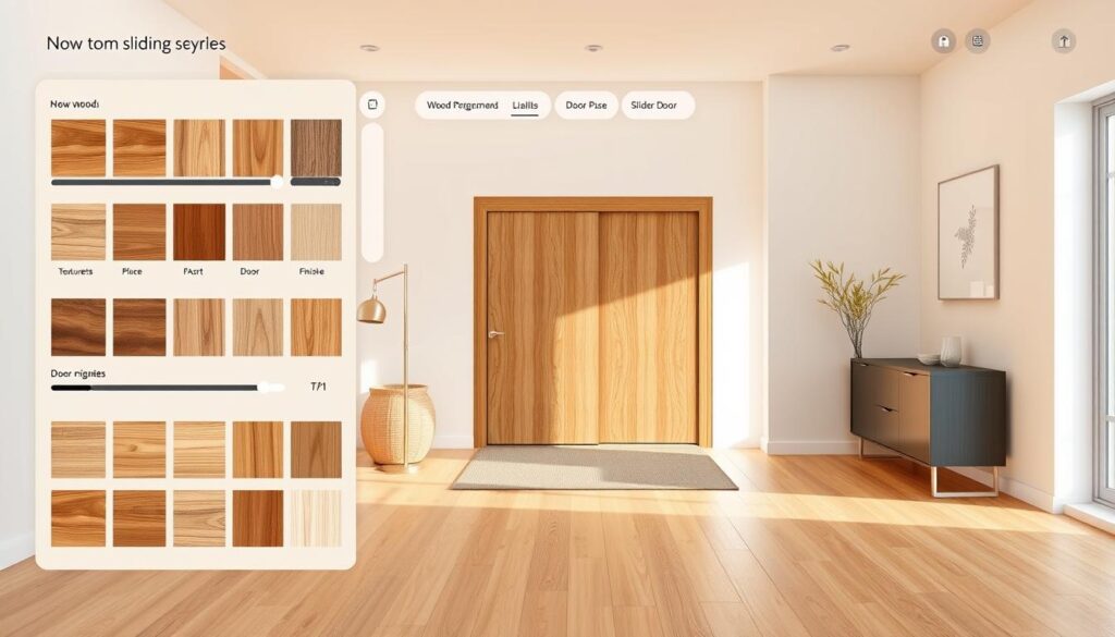 A sleek, modern wood configurator interface showcasing various wood types, textures, and finishes for custom sliding doors. The foreground features a clean, intuitive user experience with interactive elements, sliders, and material samples. The middle ground displays a rendered 3D model of a sliding door system, allowing users to visualize their selections. The background depicts a bright, airy space with minimalist decor, highlighting the configurator's integration into a contemporary home environment. Warm, natural lighting casts a soft glow, emphasizing the organic qualities of the wood materials. The overall mood is one of personalization, design flexibility, and a seamless user experience for creating custom sliding door solutions.