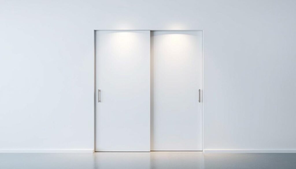 A sliding door set against a minimalist white wall, illuminated by soft, indirect lighting. The door's surface is smooth and sleek, with a modern, understated design that seamlessly integrates into the surrounding architecture. The door frame is slim and unobtrusive, allowing the focus to remain on the door's clean lines and elegant simplicity. The wall behind the door is devoid of any distracting elements, creating a serene and uncluttered backdrop that highlights the door's refined aesthetic. The overall scene conveys a sense of understated sophistication, reflecting the "Preisorientierung" theme and the affordable, yet high-quality nature of the sliding door solution.