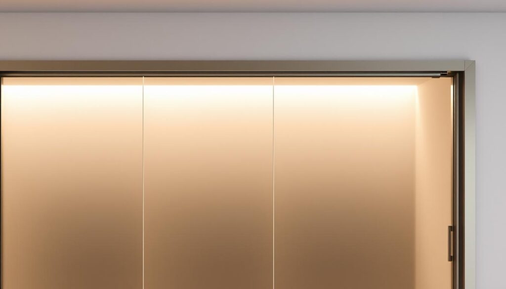 A sliding door wall, crafted with precision and elegance. The smooth, seamless glass panels glide effortlessly, seamlessly integrating with the minimalist, modern design. Soft, diffused lighting casts a warm glow, highlighting the high-quality materials and meticulous construction. The sturdy, sleek metal frame provides a solid foundation, while the hidden soft-close mechanism ensures a silent, gentle closure. This complete solution, including the track, stoppers, handle, and soft-close system, offers a harmonious and functional centerpiece for any contemporary interior space.