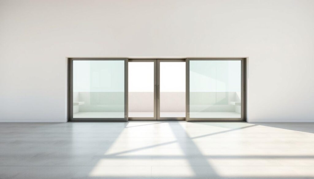 A sliding glass door set seamlessly into a clean, minimalist wall. The door panels glide effortlessly on a sleek, recessed track, creating an uninterrupted, elegant flow between indoor and outdoor spaces. Soft, natural light filters through the transparent glass, illuminating the refined, modern aesthetic. The door's discrete hardware and frameless design emphasize the illusion of open, unobstructed passage. Subtle shadows cast by the sliding motion suggest a sense of tranquil, unhurried movement. The overall scene conveys a harmonious blend of functionality and aesthetic beauty, reflecting the grace and efficiency of a premium sliding door system.