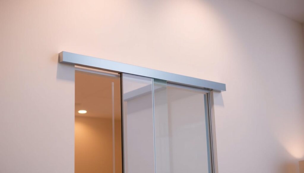 A sliding glass door system mounted on the wall, with the door running smoothly along a sleek, minimalist track. The door's clean lines and frameless design create an elegant, seamless transition between indoor and outdoor spaces. Warm, diffused lighting from above casts a soft glow, highlighting the door's reflective surface and the high-quality craftsmanship. The scene conveys a sense of modern, unobtrusive functionality, perfectly suited for a contemporary living or office environment.