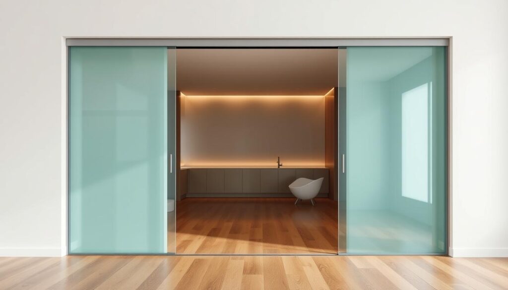 A sliding glass door wall in a modern, minimalist interior. In the foreground, a sleek, seamless glass panel slides open effortlessly, framed by a clean, simple wall structure. The middle ground features a warm, natural wood floor that complements the glass. In the background, a serene, neutral-toned space with subtle lighting, creating a calming, elegant atmosphere. The entire scene conveys a sense of spaciousness, functionality, and sophistication, perfectly suited for a kitchen, bathroom, living room, or office setting.
