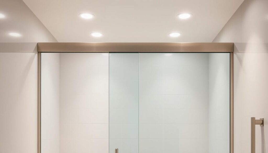A sliding glass shower door in a modern, minimalist bathroom. The door is made of tempered glass, with a brushed metal frame that seamlessly integrates into the sleek, tiled walls. The door glides effortlessly on a precision-engineered track system, allowing for a smooth and quiet operation. Soft, diffused lighting from recessed ceiling fixtures illuminates the space, creating a warm and inviting atmosphere. The bathroom features a clean, linear design, with a frameless glass shower enclosure that maximizes the sense of openness and spaciousness. The sliding door's unobtrusive profile enhances the room's visual harmony, making it an elegant and functional focal point.