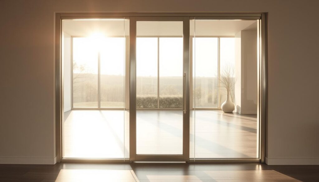 A sophisticated glass door in a modern, minimalist interior. The smooth, frameless glass panel reflects the warm, natural lighting streaming through large windows, creating a sense of openness and transparency. The glass surface is flawless, with a slight sheen that enhances its elegant, high-quality appearance. The door is set in a sleek, brushed metal frame that seamlessly integrates with the surrounding decor. The overall atmosphere is one of refined sophistication, where the glass element serves as a focal point, beautifully balancing form and function. A sophisticated glass door in a modern, minimalist interior. The smooth, frameless glass panel reflects the warm, natural lighting streaming through large windows, creating a sense of openness and transparency. The glass surface is flawless, with a slight sheen that enhances its elegant, high-quality appearance. The door is set in a sleek, brushed metal frame that seamlessly integrates with the surrounding decor. The overall atmosphere is one of refined sophistication, where the glass element serves as a focal point, beautifully balancing form and function.