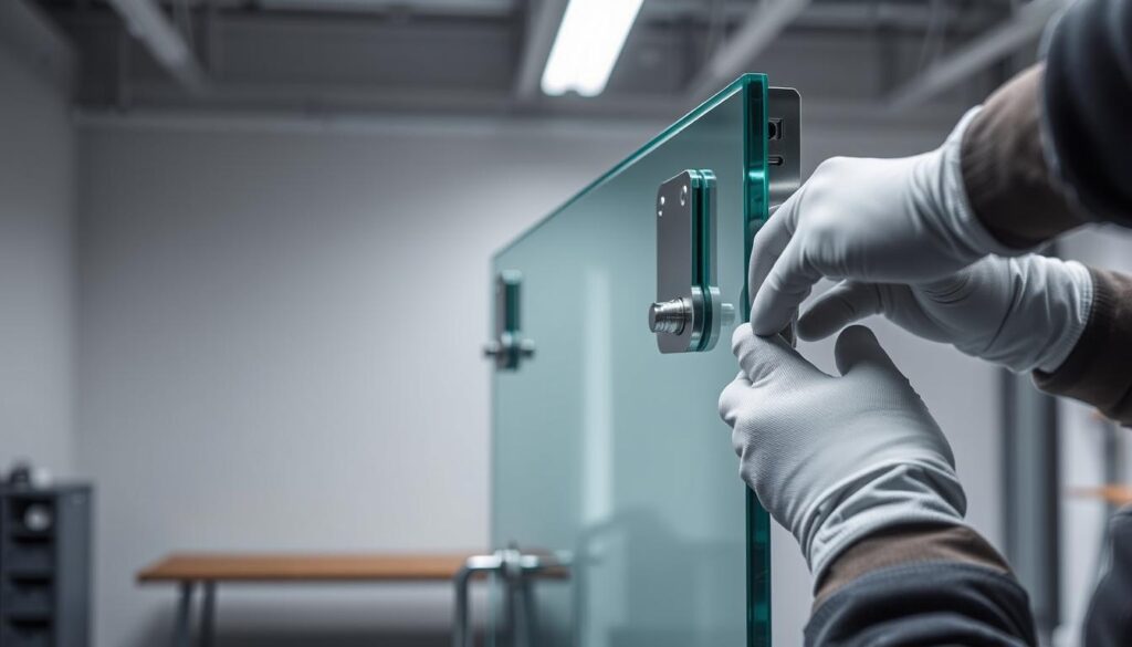 A sophisticated montage of a glass swing door installation process. In the foreground, a technician's gloved hands carefully adjust the metal mounting bracket, their attention to detail evident. The middle ground showcases the glass panel itself, its translucent surface reflecting the surrounding environment. In the background, a minimalist workspace with clean lines and muted tones sets the stage for this precise, professional operation. Soft, even lighting illuminates the scene, creating a sense of calm and focus. The overall composition conveys the expertise, care, and attention to quality that goes into the customized glass door solutions offered by Glastuerhop24.