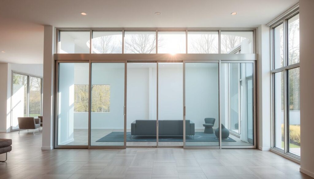 A spacious and well-lit modern interior, featuring a sleek sliding glass door wall as the centerpiece. The sliding doors are made of tempered glass, with a smooth, effortless mechanism that seamlessly integrates into the surrounding wall. The glass panels are framed by a minimalist, brushed metal trim, creating a clean and contemporary aesthetic. The room is bathed in natural light, streaming in through large windows, casting a warm and inviting glow throughout the space. The sliding doors offer a seamless transition between indoor and outdoor areas, providing a sense of openness and flow. The overall atmosphere is one of functionality, elegance, and a touch of sophistication, perfectly capturing the clever alternative of a sliding door wall.