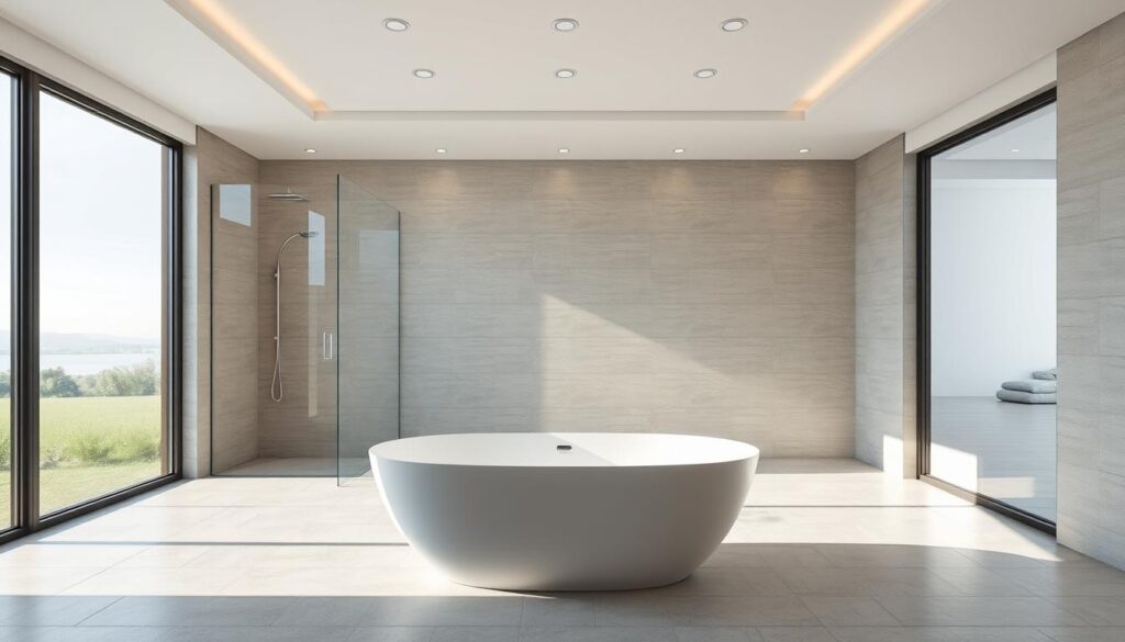 A spacious bathroom interior with a modern freestanding bathtub positioned in the foreground. A sleek, frameless glass shower enclosure spans the length of the tub, seamlessly integrating with the tiled wall behind it. The enclosure features a minimalist design, allowing natural light to flood the space and create a sense of openness. The tiled floor extends throughout, with a neutral color palette accentuating the clean, sophisticated aesthetic. Soft, diffused lighting from recessed fixtures above casts a warm glow, while large windows provide a view of a serene outdoor scene, enhancing the tranquil ambiance.