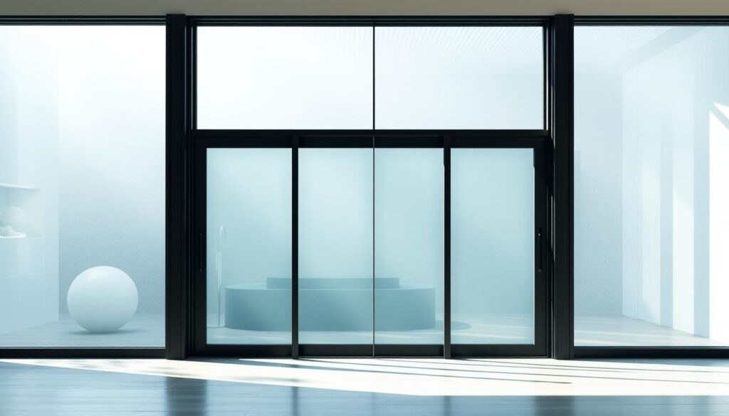 A spacious, contemporary glass sliding door bathed in soft, diffused natural light. The sleek, minimalist frame in a matte black finish seamlessly blends into the background, putting the focus on the lustrous, crystal-clear glass panels that stretch from floor to ceiling. The glass has a subtle, satin-like sheen, reflecting the surrounding environment in a dreamlike, distorted manner. Subtle metal hardware in a complementary dark tone adds a touch of industrial chic. The entire assembly is suspended on a smooth, hidden track system, allowing for effortless, whisper-quiet operation. This exquisite, bespoke glass sliding door embodies the perfect fusion of form and function, elevating any interior space with its timeless elegance and impeccable craftsmanship.