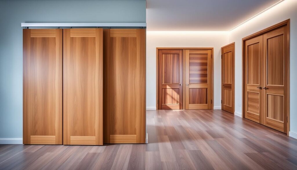A spacious, elegantly designed interior showcasing a range of wooden sliding doors. The foreground features a pair of smooth, well-crafted wooden panels gliding effortlessly along a sleek metal track system, their warm tones and subtle grains creating a natural, inviting ambiance. The middle ground showcases a variety of wooden sliding door styles, from minimalist flush designs to ornate, paneled options, all illuminated by soft, diffused lighting that casts a gentle glow. In the background, a neutral-toned wall provides a clean, uncluttered backdrop, allowing the wooden elements to take center stage. The overall scene conveys a sense of refined sophistication and versatility, perfectly capturing the essence of "Holzschiebetüren" for the article's section on systems, dimensions, and pricing.