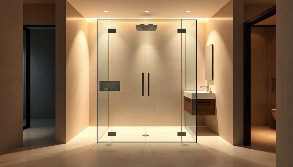A spacious, modern bathroom with a sleek, frameless glass shower enclosure taking center stage. The glass panels reflect the warm, soft lighting, creating a sense of elegance and sophistication. The shower features a minimalist, chrome-finished hardware, complementing the clean, minimalist design. The floor is covered in a smooth, natural stone tile, adding a touch of organic warmth to the space. The walls are adorned with neutral-toned, large-format tiles, creating a seamless, high-end aesthetic. The overall atmosphere is one of tranquility and relaxation, inviting the viewer to imagine the experience of a luxurious, custom-designed glass shower.