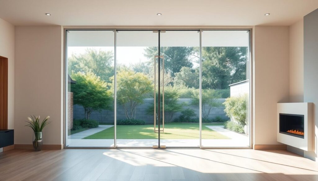 A spacious, modern living room bathed in natural light from a large, elegant glass door. The sleek, frameless glass panels stretch from floor to ceiling, seamlessly blending the indoor and outdoor spaces. The door's clean lines and minimalist design exude a sense of sophistication and refinement. Subtle metal accents around the edges complement the glass, creating a harmonious and visually striking focal point. Soft, diffused lighting filters through the translucent glass, casting a warm, inviting glow throughout the room. The glass door's transparency allows for unobstructed views of the serene outdoor garden, further enhancing the room's airy and open atmosphere. This custom-made, tailored glass entryway effortlessly embodies the perfect balance of elegance, functionality, and natural illumination.