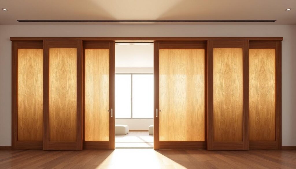 A spacious, modern room with large wooden sliding doors that glide effortlessly along sleek tracks. The rich, warm tones of the natural wood grain contrast beautifully against the bright, airy atmosphere. Delicate rays of sunlight filter through the translucent panels, casting a soft, ambient glow. The doors' silent, smooth operation creates a sense of tranquility, while their space-saving design maximizes the available floor space. Meticulously crafted to the exact specifications of the room, these custom-made wooden sliding doors elevate the interior with their refined elegance and timeless appeal.