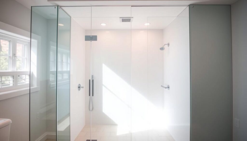 A spacious, modern shower enclosure in a bright, airy bathroom. The glass panels have a sleek, minimalist design, allowing natural light to flood the space. The shower area is rectangular, with clean lines and a seamless transition from the tiled floor. Soft, diffused lighting from recessed ceiling fixtures casts a warm glow, creating a serene and relaxing atmosphere. The glass is slightly frosted, providing privacy while maintaining an open, uncluttered feel. The overall layout showcases the precise dimensions and thoughtful planning required to integrate a custom shower into the limited confines of a bathroom.