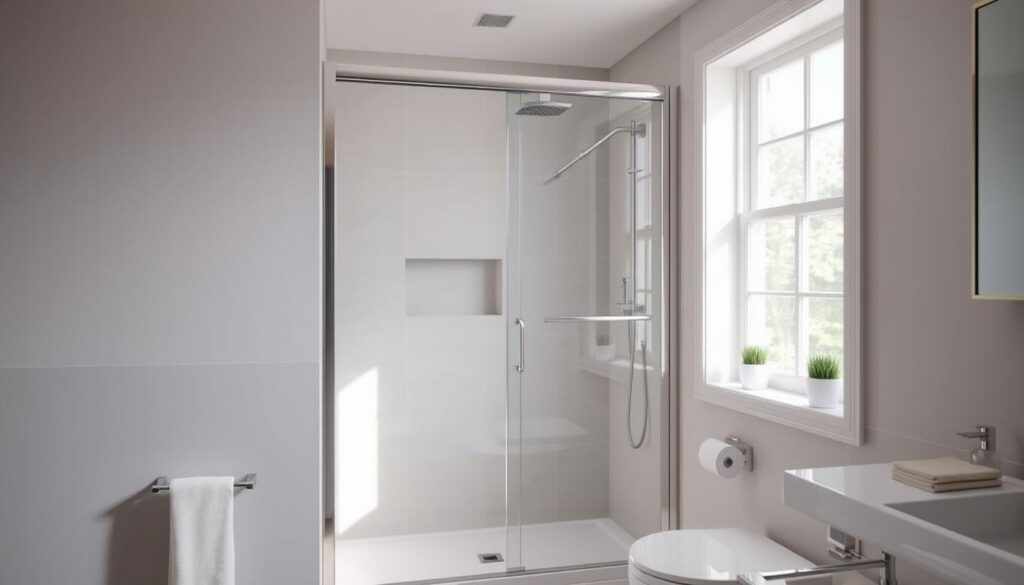 A spacious, well-lit bathroom with a modern, frameless glass shower enclosure that seamlessly integrates with the surrounding tiles. Soft, diffused natural light streams in through a large window, creating a serene and inviting atmosphere. The glass door is designed with minimal hardware, allowing for a clean, unobstructed view of the shower area. The door glides open effortlessly, providing easy access and a sense of spaciousness even in a compact bathroom layout. Polished chrome fixtures and minimalist decor contribute to the overall sophisticated and spa-like ambiance, perfectly capturing the essence of comfort and functionality in a small but elegant bathroom space.
