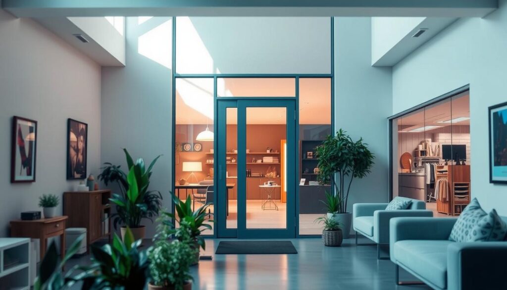 A spacious, well-lit interior with a central glass pivot door, showcasing its versatility in both residential and commercial settings. The door's sleek, frameless design seamlessly blends with the surrounding architecture, creating a modern and elegant aesthetic. The lighting, strategically placed, casts a warm glow, highlighting the transparency and flow of the space. In the foreground, a mix of contemporary furnishings and natural elements, such as potted plants, create a harmonious and inviting atmosphere. The middle ground features various applications, from a home office to a retail storefront, demonstrating the door's adaptability to diverse environments. The background subtly suggests the door's suitability for both private and public settings, from cozy living rooms to bustling commercial spaces.