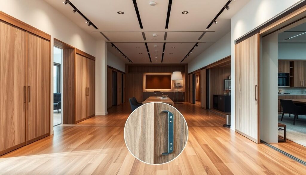 A spacious, well-lit modern showroom, showcasing an array of elegant sliding door systems. In the foreground, a variety of wood finishes are displayed, ranging from sleek, minimalist white oak to rich, textured walnut. The middle ground features detailed close-ups of the sliding mechanisms, highlighting the smooth, effortless operation and premium hardware. In the background, a panoramic view of the showroom showcases the versatility of these systems, with different configurations and sizes to suit a range of architectural styles. The overall atmosphere is one of sophisticated design, quality craftsmanship, and a celebration of the beauty and functionality of wood in sliding door solutions.